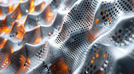 A silver object with a lot of holes and a lot of orange light