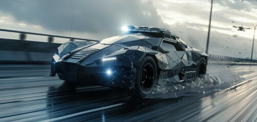 Armored police vehicle with robust plating, advanced weaponry, and tactical drones, in a highstakes pursuit on a futuristic highway