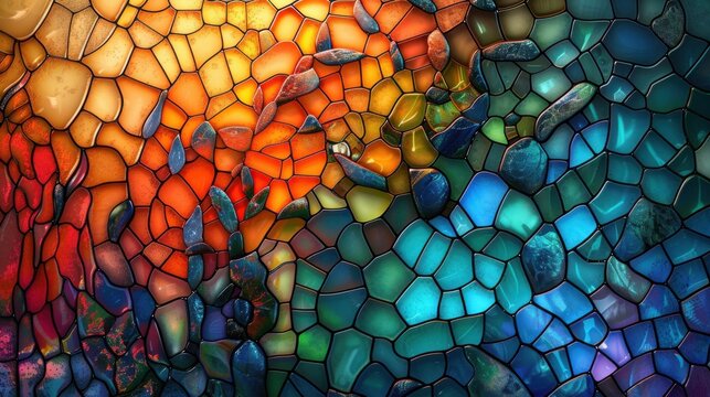 A colorful mosaic of glass pieces with a blue and orange background