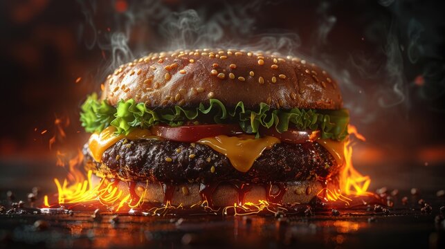 Delicious cheeseburger with lettuce and tomatoes on fire