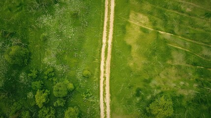 Wall Mural - Aerial drone view of a green meadow with a dirt road