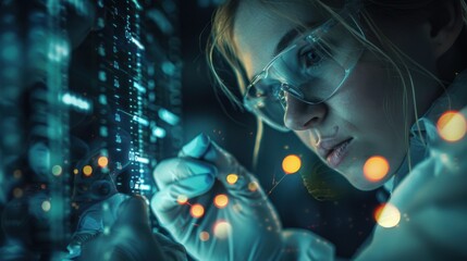 Wall Mural - A woman wearing a lab coat and goggles is looking at a computer screen