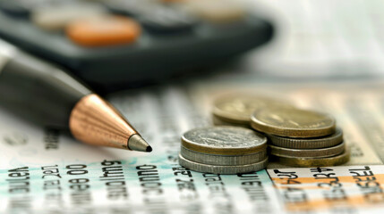 Wall Mural - Close-up of coins and pen on a financial document, symbolizing money management and investment planning.