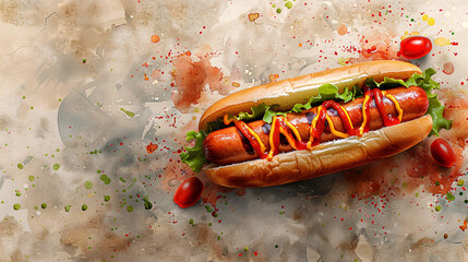 Whimsical Watercolor Hot Dog on Blank Background with Copy Space for Promotional Text.