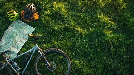 Wall Mural - A bicycle, helmet, and map are scattered in the grass, surrounded by the peaceful sounds of nature. A wheel and tire peek out from beneath the foliage AIG50