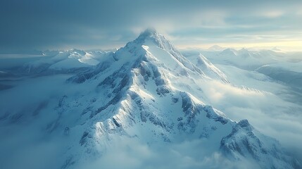 Wall Mural - A drone view over a dramatic mountain range, highlighting steep cliffs and snow-covered summits. Minimalist approach with a focus on natural forms and realistic textures, using soft natural light