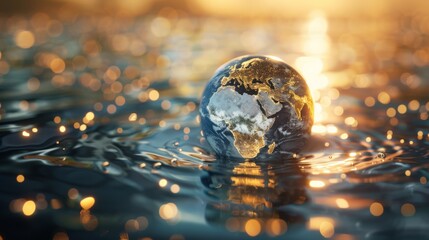 Wall Mural - Earth globe floating on water surface with golden lights, environmental and global warming concept