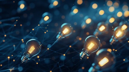 Close-up of glowing light bulbs connected by blue network lines, technology and innovation concept