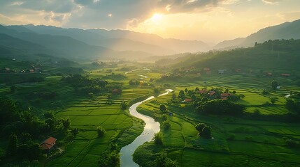 Wall Mural - A drone's aerial view of picturesque rural countryside, showcasing rolling hills with lush green fields, quaint villages nestled among the hills, and a winding river