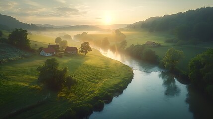 Wall Mural - An aerial drone shot of a rural countryside at dawn, with soft light illuminating the fields, hills, and a quaint village by a river. Minimalist and realistic, focusing on the peaceful