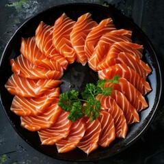 Wall Mural - Top view of sliced fresh salmon sashimi arranged artistically on a Japanese-style black dish
