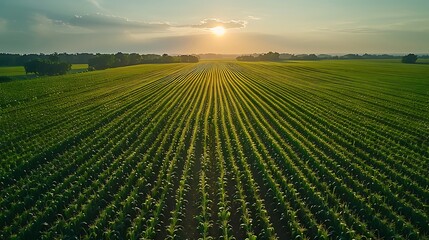 Wall Mural - Drone capturing an expansive cornfield, with tall green stalks stretching out in neat rows under a clear blue sky. Minimalist approach with realistic details, emphasizing the scale 