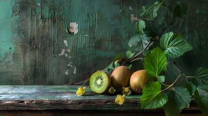 Canvas Print - Fresh kiwi and green leaves on the table. Rustic style. Fruits. Top view. Free space for text. 