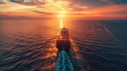 Majestic Dawn Voyage: Large Dry Cargo Ship Sailing Across Open Ocean Under Early Morning Skies