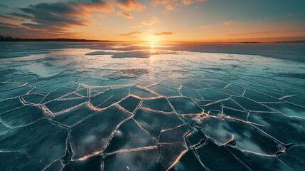 Frozen lake reflecting the light of the setting sun