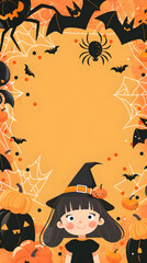 Wall Mural - A girl wearing a witch hat is standing in front of a pumpkin patch