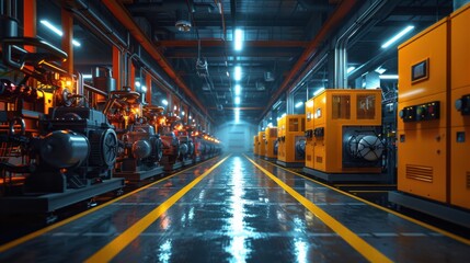 Wall Mural - A factory with many orange machines and a yellow line