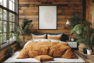 Poster - Cozy bedroom with wooden wall and scenic view