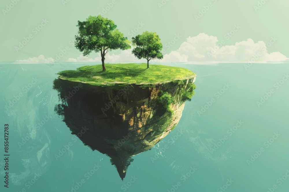 Surreal floating island with lush green trees under a clear blue sky ...
