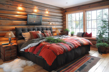 Wall Mural - Cozy bedroom with wooden wall and scenic view