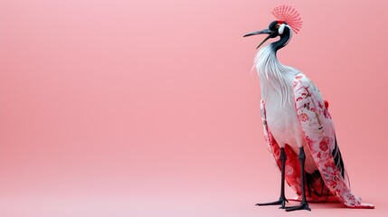 Wall Mural - surreal of japanese crane wearing traditional national costume on plain background