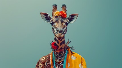 Surreal Giraffe in Traditional National Costume on Plain Background