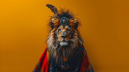 Majestic Lion in Tribal Feathered Headdress,Powerful Predator with Fierce Expression