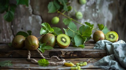 Wall Mural - Fresh kiwi and green leaves on the table. Rustic style. Fruits. Top view. Free space for text. 