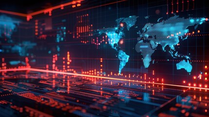 A computer screen shows a map of the world with red and blue lines