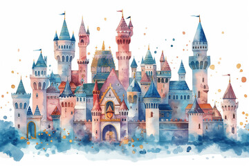 The illustrations are watercolor paintings. Colorful city pictures are used to decorate and add beauty. Medieval castle amidst lush greenery With the vast sky as the background 