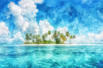 Wall Mural - A stunning tropical island with palm trees surrounded by clear turquoise water under a vibrant blue sky with fluffy white clouds.