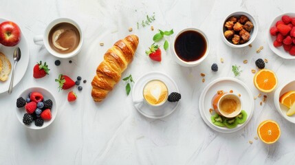 Wall Mural - Minimalist depiction of a hotel breakfast buffet with coffee, croissants, and fruits, on a white surface. 