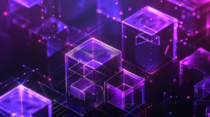 Poster - Futuristic, digital art composition with a central focus on a set of translucent, glowing cubes with a purple hue