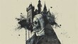 © Олег Фадеев - Stylized, monochromatic artwork with the following elements: a skull with a nun's habit, a castle with multiple towers, a chain draped across the skull's neck