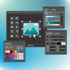 vector graphics editor and design program software, dark mode interface application