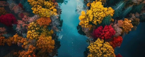 Wall Mural - Aerial view of a vibrant autumn landscape with colorful trees and a serene river flowing through the forest.