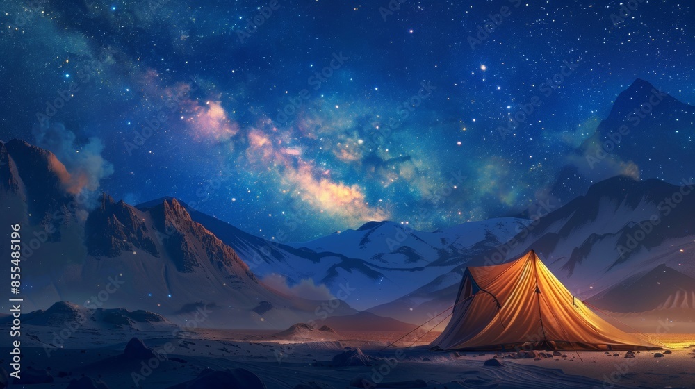 Tent in the desert under a glowing night sky dotted with Milky Way ...
