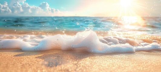Blurred background of a beautiful sandy beach with a blue sky and sun rays. A summer vacation concept banner template in the style of a real photo