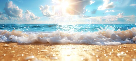 Blue sky and sunny day beautiful sandy beach with blurry tropical blue sea against soft clouds with a blue sky and sun rays. A summer concept banner design with copy space