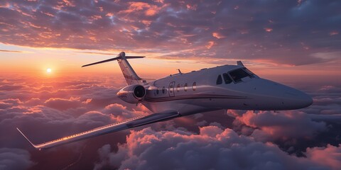 Private Jet Flying Through a Vibrant Sunset Sky Over Clouds, Showcasing Luxury Air Travel and Stunning Aerial Views