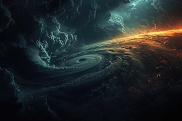 Stunning surreal storm vortex over a glowing horizon, capturing the power and beauty of nature in a dramatic scene.