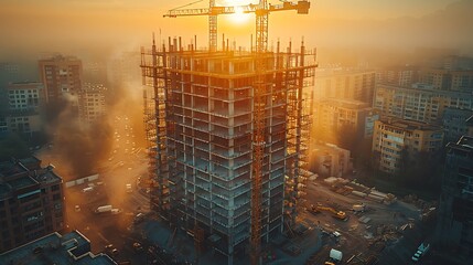 Wall Mural - A drone hovering above a large construction site, capturing the progress of building structures and the activity of construction machinery.