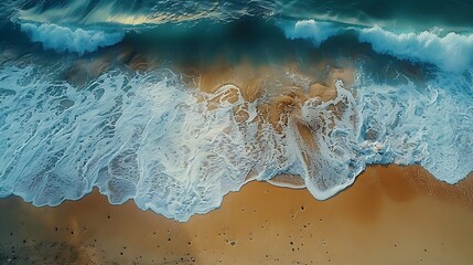 Wall Mural - A drone view of a coastal area, with waves crashing against the shore, a sandy beach, and minimal surrounding elements.