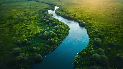 Wall Mural - A drone view of a vibrant nature reserve, with various wildlife including deer, birds, and a river winding through the landscape.