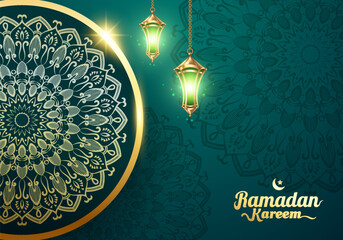 Wall Mural - Ramadan Kareem design concept with green luxury color. ramadan kareem design with podium sale. vector illustration