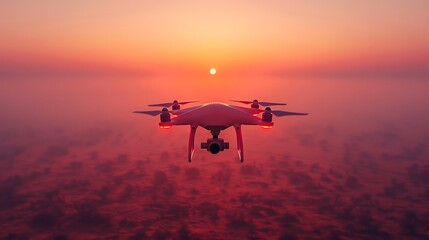 Wall Mural - An aerial drone shot at sunset, showcasing the drone hovering with its propellers in motion, set against a gradient sky of oranges and pinks.