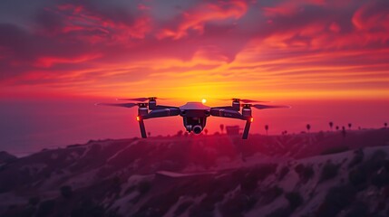 Wall Mural - An aerial drone shot at sunset, showcasing the drone hovering with its propellers in motion, set against a gradient sky of oranges and pinks.