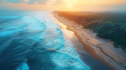 Wall Mural - An aerial drone shot of a coastline at dawn, with soft light illuminating the waves and beach, creating a tranquil and beautiful scene.