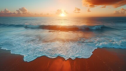 Wall Mural - An aerial drone shot of a coastline at sunrise, with waves gently hitting the shore and a pristine beach stretching into the distance.