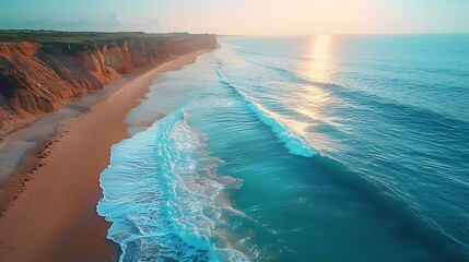 Wall Mural - An aerial perspective from a drone over a coastline, capturing the dynamic movement of the waves and the tranquil stretch of beach below.